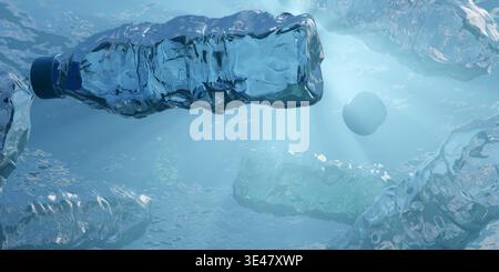 Beaucoup de bouteilles en plastique flottant sous l'eau dans l'océan, pollution de l'environnement, déchets ou concept de déchets, illustration 3D. Banque D'Images