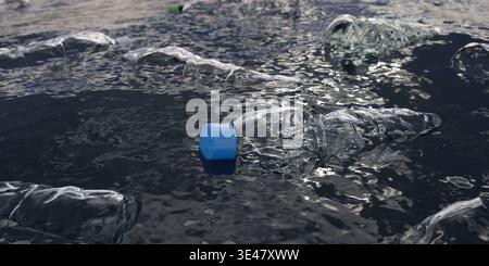 Beaucoup de bouteilles en plastique flottant dans l'eau de l'océan, pollution de l'environnement, déchets ou concept de déchets, illustration 3D. Banque D'Images