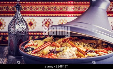 Tajine marocain traditionnel de poulet aux fruits secs et aux épices, focus sélectif. Banque D'Images