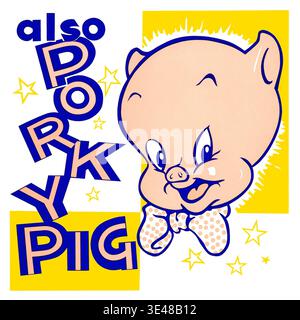 Cette illustration colorée des années 1950 met en vedette Porky Pig, le personnage de dessin animé emblématique de Warner Bros. Il est représenté avec sa signature Happy expression et son noeud papillon, ainsi que le texte empilé « Also PORKY PIG », le tout sur un fond jaune et blanc éclatant avec des étoiles. Banque D'Images