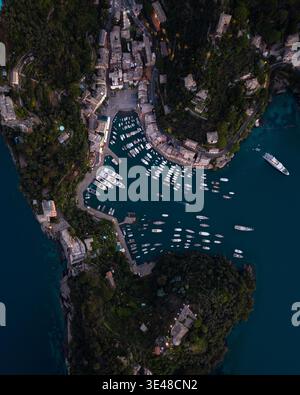 Vue aérienne du port avec de nombreux bateaux et yachts amarrés dans l'eau turquoise entouré de bâtiments côtiers colorés et végéta vert dense Banque D'Images