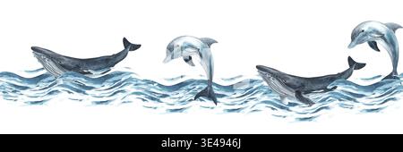 Illustration aquarelle océanique. Sans couture vagues de frontière baleine dauphin marine d'eau de mer animal nature conception nautique. Fond peint à la main pour les enfants Banque D'Images
