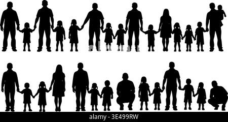 Collection diversifiée d'illustrations vectorielles de silhouette noire représentant divers groupes familiaux tenant la main. Illustration de Vecteur