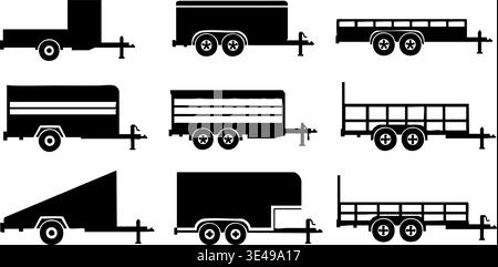 Collection d'icônes graphiques vectorielles de silhouette noire représentant divers types de remorques utilitaires et de cargaison. Illustration de Vecteur