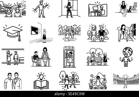Une collection diversifiée d'icônes représentant diverses activités éducatives et professionnelles Illustration de Vecteur