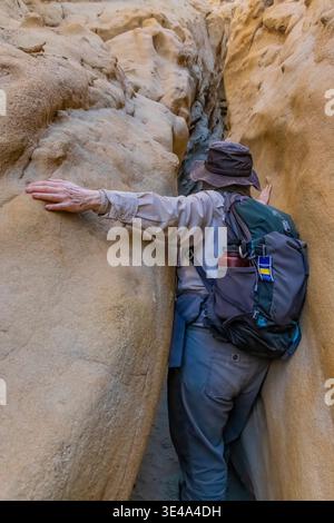 Randonnée à travers la fente dans le parc d'État du désert d'Anza-Borrego, Californie, États-Unis Banque D'Images