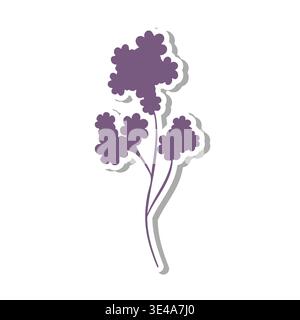 Un autocollant stylisé de fleur violette unique présente un design délicat avec un contour blanc distinct et une ombre grise subtile. Il se tient sur un fond blanc propre. Illustration de Vecteur