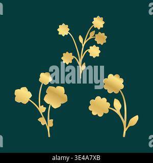 Un ensemble de trois éléments floraux dorés scintillants présente un trio décoratif. Chaque design unique montre des tiges gracieuses avec des feuilles et des fleurs stylisées, magnifiquement contrastées sur un fond vert foncé. Illustration de Vecteur