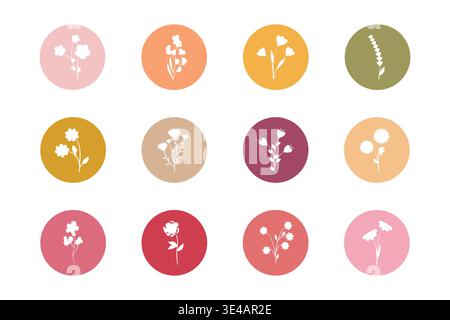 Douze différentes silhouettes de fleurs blanches découpées sont présentées dans des cadres circulaires colorés individuels. Illustration de Vecteur