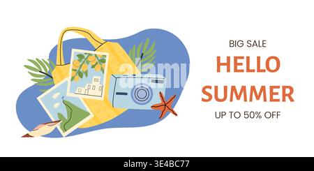 Hello Summer Mediterranean Sale fond avec appareil photo, photos, citrons et coquillages, étoiles, sac de plage et feuilles de palmier. Bannière minimaliste avec littoral Illustration de Vecteur