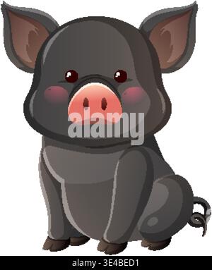 Adorable porcelet noir avec de grandes oreilles, museau rose et yeux brillants dans un style de dessin animé Illustration de Vecteur