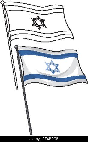 Deux drapeaux israéliens agitant sur des poteaux, un coloré et un dessin au trait, sur fond blanc Illustration de Vecteur