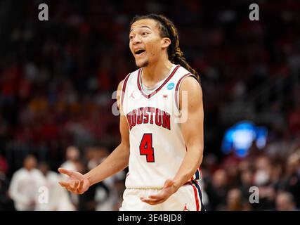 Houston, Texas, États-Unis. 26 mars 2026. Le garde de Houston KINGSTON FLEMINGS (4) fait des gestes lors du tournoi de basket-ball masculin de la NCAA Sweet Sixteen match entre les Cougars de Houston et les Illinois Fighting Illini le 26 mars 2026 à Houston, Texas. Illinois a gagné, 65-55. (Crédit image : © Scott Coleman/ZUMA Press Wire) USAGE ÉDITORIAL SEULEMENT ! Non destiné à UN USAGE commercial ! Banque D'Images