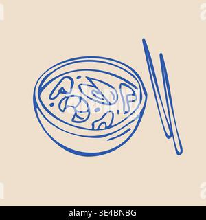 Bol à soupe asiatique dessiné à la main avec baguettes. Illustration Doodle d'art de ligne vectorielle Illustration de Vecteur