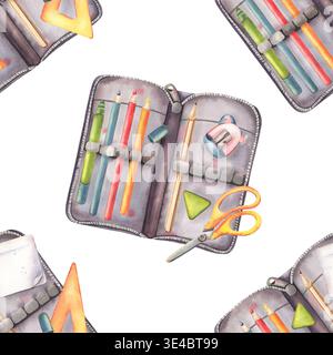 Modèle sans couture, trousses à crayons ouvertes avec des fournitures scolaires. Illustration peinte à la main isolée sur blanc. Design lumineux parfait pour la papeterie, dos à s. Banque D'Images