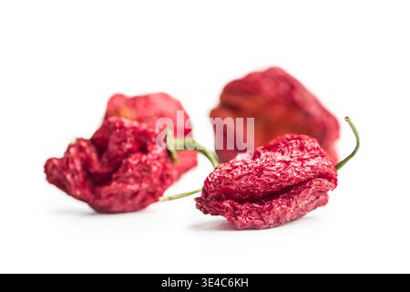 Piments rouges séchés disposés sur un fond blanc propre, soulignant la texture froissée et la chaleur intense. Idéal pour les épices, la cuisine, la sauce piquante, ing Banque D'Images
