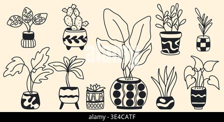 Plantes d'intérieur dessinées à la main dans des pots en argile. Ensemble de fleurs et de plantes d'intérieur dans le style croquis de doodle. Graphiques vectoriels Illustration de Vecteur