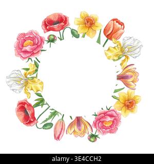 Un cadre rond de fleurs de printemps. Une illustration d'aquarelle dessinée à la main représentant des pivoines, des coquelicots, des jonquilles, des tulipes et des iris dans des tons délicats Banque D'Images