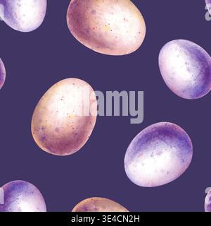 Modèle sans couture avec des œufs de Pâques roses et violets sur un fond violet. Illustration aquarelle avec des œufs peints. Arrière-plan réaliste pour Banque D'Images