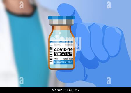 Développé le vaccin COVID-19 chez Doctor Hand. Flacon médical avec vaccin contre le coronavirus. Traitement du coronavirus covid-19. Illustration vectorielle Illustration de Vecteur