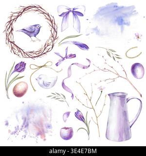 Un ensemble de printemps avec des branches, des crocus, des rubans, des œufs et des taches d'aquarelle dans des fleurs violettes. Illustration aquarelle avec des éléments festifs pour la maison Banque D'Images
