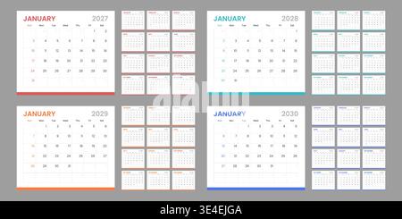 Modèle de calendrier défini pour 2027, 2028, 2029 et 2030 ans. La semaine commence le dimanche. Modèle de calendrier vectoriel simple modifiable Illustration de Vecteur