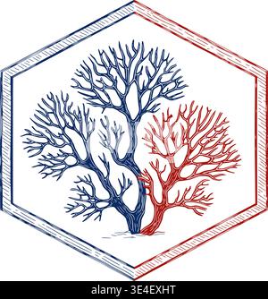 Conception d'arbre de corail symétrique dans un cadre hexagonal géométrique Illustration de Vecteur