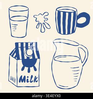 Un dessin au trait simple montre les contenants de lait. Comprend verre, tasse, carton et pichet. Contours d'encre bleue sur fond crème. Parfait pour la nourriture, les boissons ou le ki Illustration de Vecteur