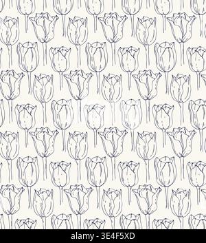 Motif Botanical Seamless de fleurs de tulipe. Plante minimale dessin abstrait graphique dessiné à la main encre noir et blanc stylo pinceau à main levée dessin floral Illustration de Vecteur