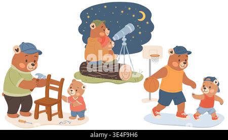 Ensemble d'illustrations mignonnes pour les fêtes des pères. Père et fils passant du temps ensemble. Illustration de Vecteur
