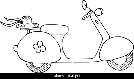 Esquisse de contour de scooter rétro dans le style de doodle dessiné à la main. Illustration vectorielle de contour pour la conception de voyage. Art de ligne noire de cyclomoteur vintage. Elemen de conception Illustration de Vecteur