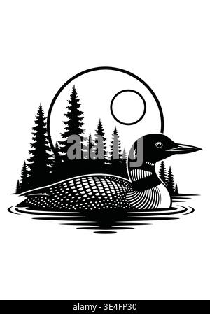 Loon nage dans un lac avec des arbres et soleil vecteur Illustration de Vecteur