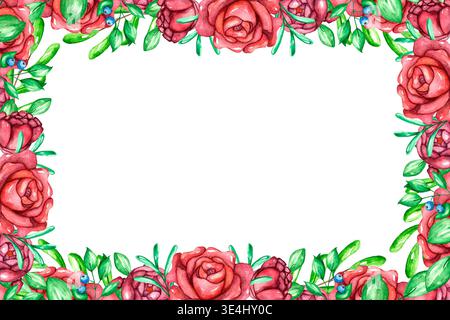 Un beau cadre floral aquarelle avec des roses roses roses douces, des pivoines et des feuilles vertes. Peint à la main avec des détails complexes, cet élégant bord fleuri Banque D'Images
