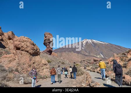 Teide, Tenerife, 13 janvier 2026, Un groupe de visiteurs se promène le long des sentiers de sable ocre et de roches basaltiques qui s’étendent au pied de l’imposant Mo Banque D'Images