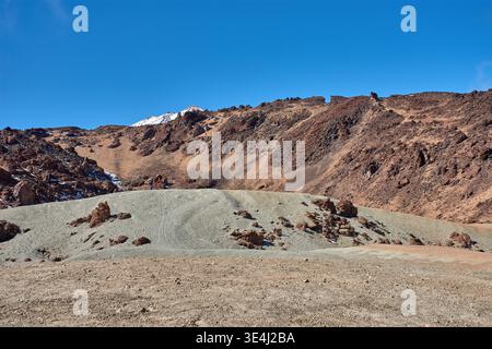 Teide, Tenerife, 13 janvier 2026, Un groupe de visiteurs se promène le long des sentiers de sable ocre et de roches basaltiques qui s’étendent au pied de l’imposant Mo Banque D'Images