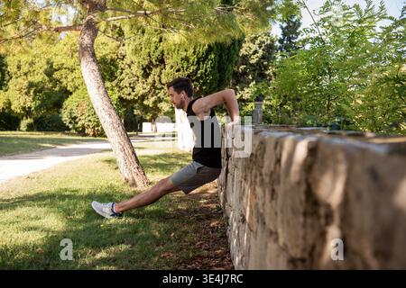 Homme athlétique effectuant un exercice de trempage de triceps en plein air en utilisant un mur de pierre dans un parc ensoleillé, la formation de poids corporel pour la force des bras, la forme physique et Li sain Banque D'Images