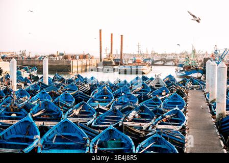 Les bateaux de pêche sont ancrés côte à côte dans un port calme, avec un quai et des postes d'amarrage menant à l'eau, capturant une scène maritime paisible dans Banque D'Images