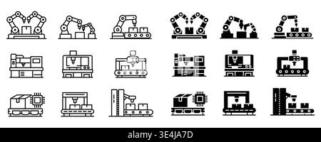 Une collection d'icônes présentant des bras robotisés et des systèmes d'automatisation utilisés dans les environnements industriels, mettant en valeur la technologie dans la fabrication et la production Illustration de Vecteur