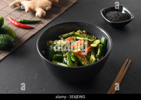 Salade de concombre brisé épicée asiatique avec coriandre fraîche, gingembre, piment au poivre, vinaigre noir sur fond noir. Apéritif chinois populaire pour le dîner ou le déjeuner. Gros plan. Banque D'Images
