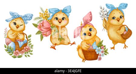 Une collection d'illustrations de Pâques mettant en vedette de jolis poussins avec des noeuds, des fleurs, des œufs et des paniers. Style aquarelle délicat. Banque D'Images
