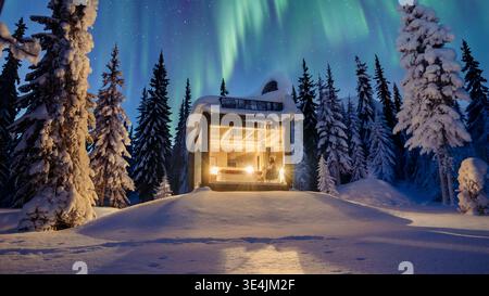 Nichée dans le paysage enneigé serein d'Akaslompolo, une cabane moderne brille chaleureusement sur fond de grands arbres givrés sous un ciel étoilé. Une retraite hivernale parfaite. Banque D'Images