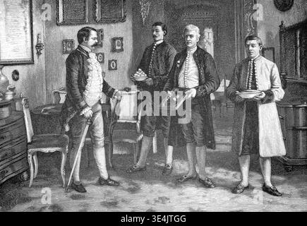 Les ouvriers du sel Halloren dans leur costume traditionnel à Halle an der Saale apportent leurs œufs maîtres de sel, saucisse et sel pour la nouvelle année. Confrérie des saliers dans la vallée de Halle, 1890, Allemagne. Illustration, reproduction d'un original du XIXe siècle. Authentique, fichier restauré pour une utilisation optimale, date exacte de l'original inconnu. Historique. Banque D'Images