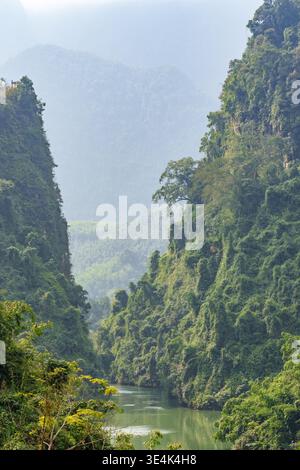 Little ma Pi Leng Canyon, Ha Giang, Vietnam – 19 janvier 2024 : les falaises karstiques boisées abruptes s'élèvent au-dessus d'une rivière verte serpentant à travers le canyon. Banque D'Images