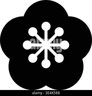 Ce motif minimaliste présente une silhouette de fleur noire audacieuse à cinq pétales contenant un motif symétrique en étamine circulaire blanche à l'intérieur. Illustration de Vecteur