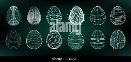 Œufs de Pâques dans le style de technologie numérique. Illustration réaliste vectorielle d'oeuf fluo futuriste avec filaire holographique, circuit et motif de points géométriques sur coquille, éléments de conception de carte de voeux modernes Illustration de Vecteur