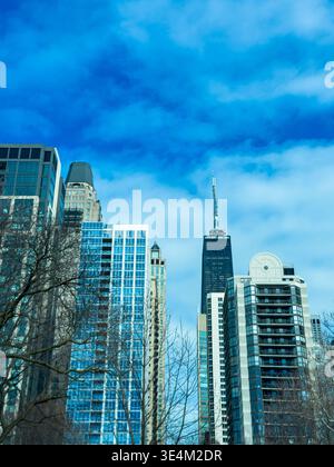 Les bâtiments atteignent haut dans le ciel à Chicago. La scène montre une journée claire avec des nuages au-dessus. Les arbres sont vus au premier plan, ajoutant une touche de natur Banque D'Images