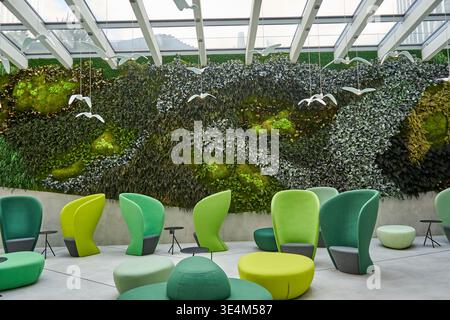 Un atrium ou un salon intérieur moderne arborant un spectaculaire mur végétal couvert de mousses, de fougères et de traînées Banque D'Images