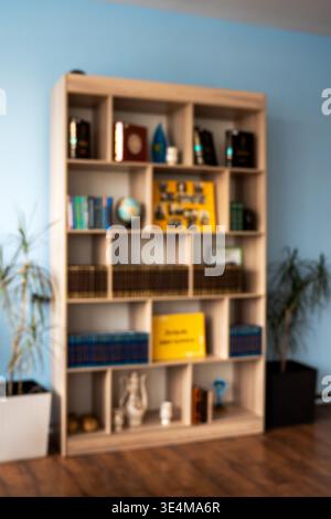 Une étagère contemporaine présentant des livres, des plantes et des objets décoratifs dans un cadre élégant Banque D'Images