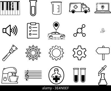 Ensemble d'icônes noir et blanc représentant divers concepts et activités Illustration de Vecteur