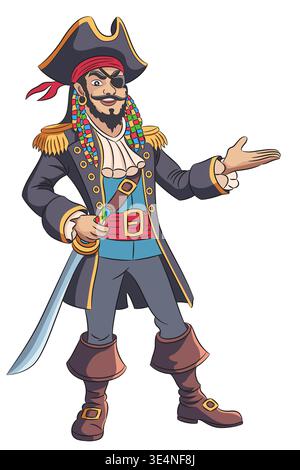 Capitaine pirate avec un sabre, dans un doublet et un chapeau triangulaire isolé sur une illustration vectorielle de fond blanc. Illustration de Vecteur